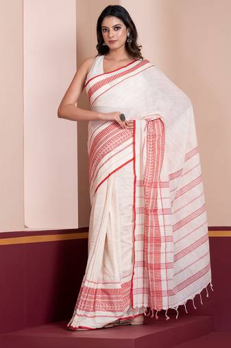 White-red-bengal-cotton-saree-without blouse piece