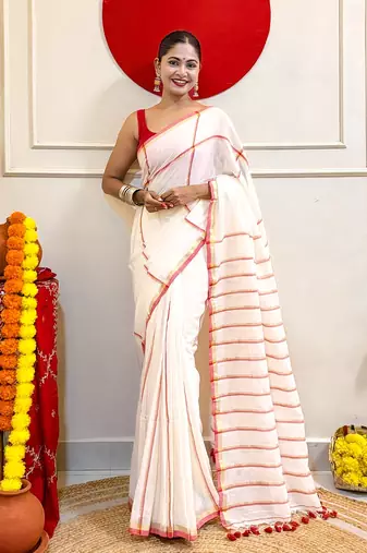 White-red-bengal-cotton-saree-without blouse piece