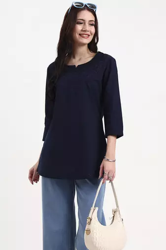 navy blue cotton straight peplum top
