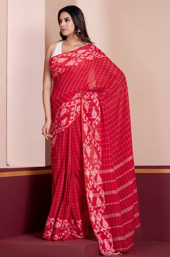 White-red-bengal-cotton-saree-without blouse piece
