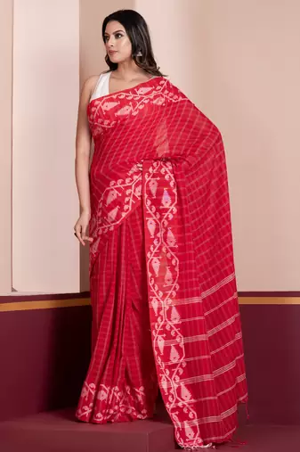 White-red-bengal-cotton-saree-without blouse piece