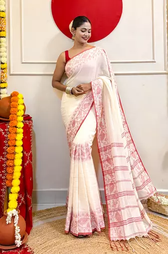 White-red-bengal-cotton-saree-without blouse piece