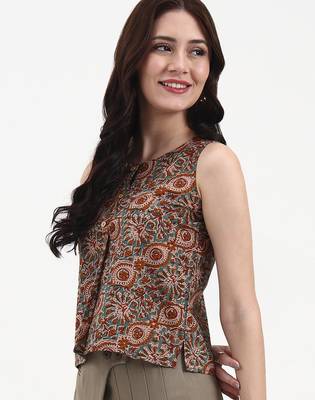 brown and turquoise blue cotton sleeveless crop top 2