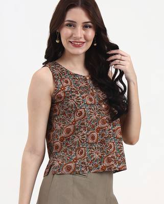 brown and turquoise blue cotton sleeveless crop top 5