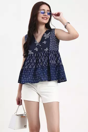 cotton navy blue patch work top
