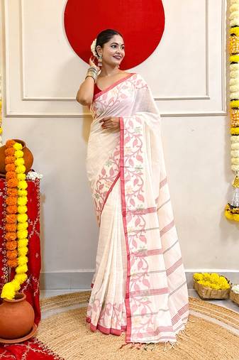 White-red-bengal-cotton-saree-without blouse piece