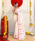 White-red-bengal-cotton-saree-without blouse piece