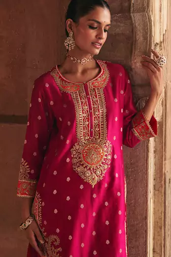 Hot pink embroidered chanderi silk kurta set