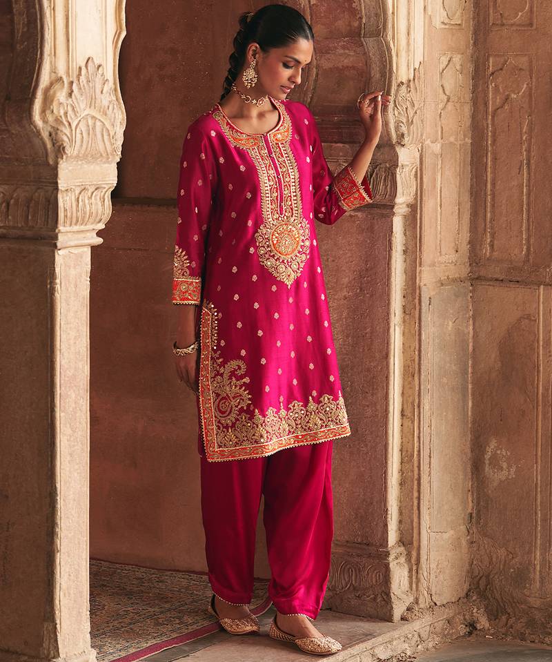 Hot pink embroidered chanderi silk kurta set