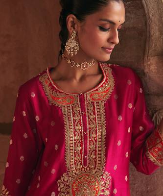 Hot pink embroidered chanderi silk kurta set 3