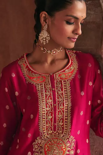 Hot pink embroidered chanderi silk kurta set