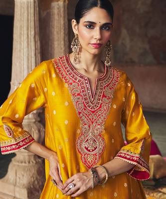 Mustard embroidered chanderi silk kurta set 1