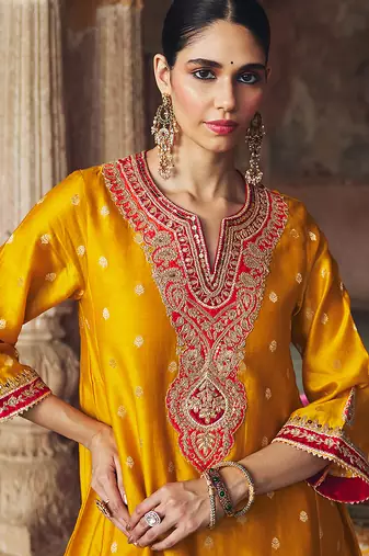 Mustard embroidered chanderi silk kurta set