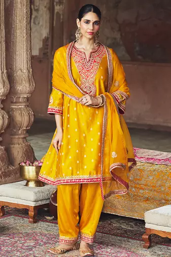 Mustard embroidered chanderi silk kurta set With Dupatta