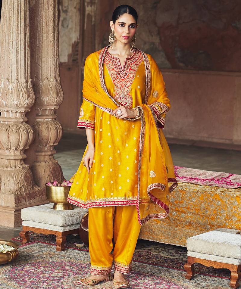 Mustard embroidered chanderi silk kurta set With Dupatta