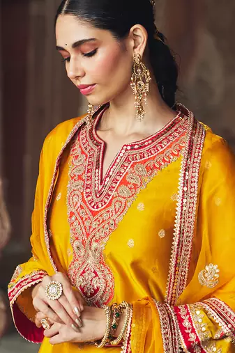 Mustard embroidered chanderi silk kurta set With Dupatta