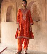 Orange embroidered chanderi silk kurta set