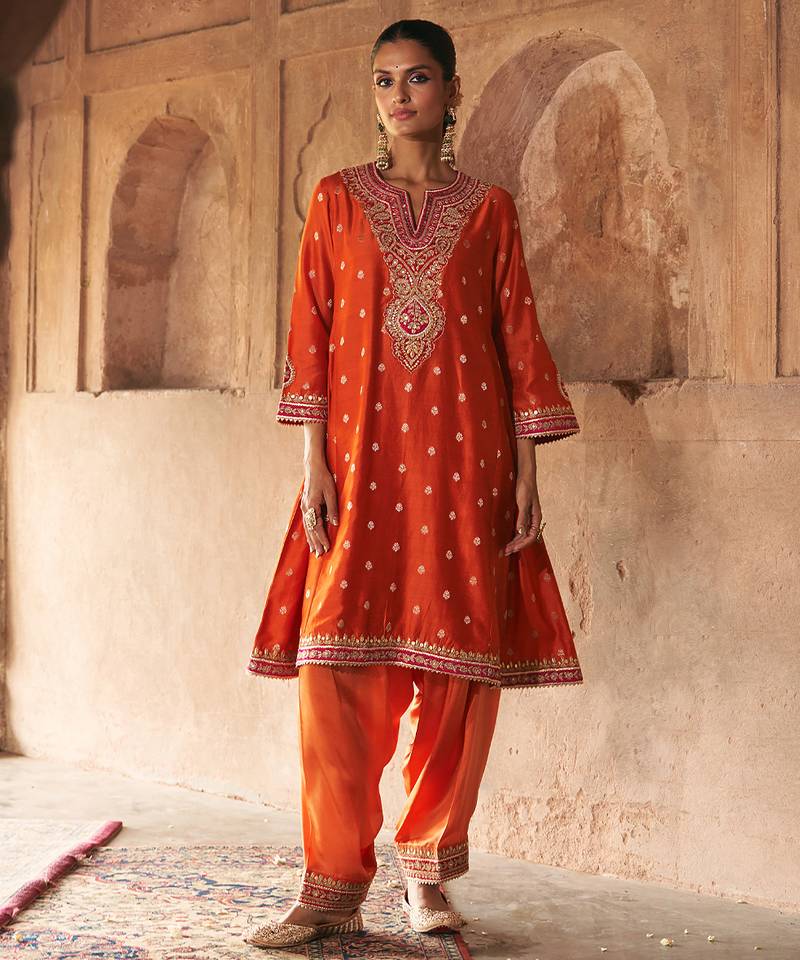Orange embroidered chanderi silk kurta set