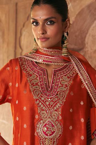 Orange embroidered chanderi silk kurta set With Dupatta