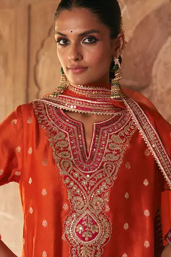 Orange embroidered chanderi silk kurta set With Dupatta