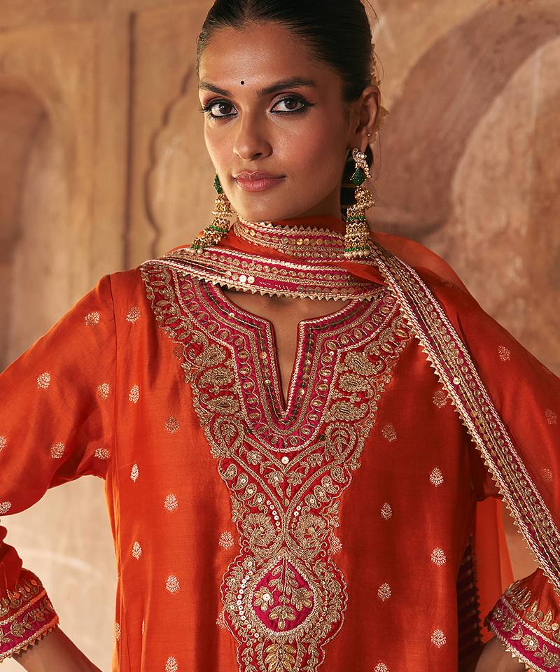 Orange embroidered chanderi silk kurta set With Dupatta
