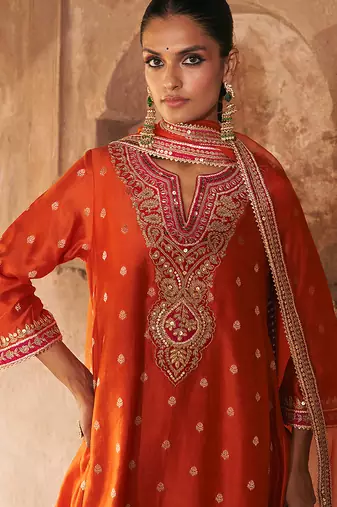 Orange embroidered chanderi silk kurta set With Dupatta