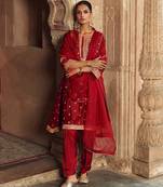 Red embroidered chanderi silk kurta set With Dupatta