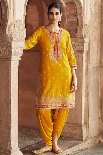 Mustard embroidered chanderi silk kurta set