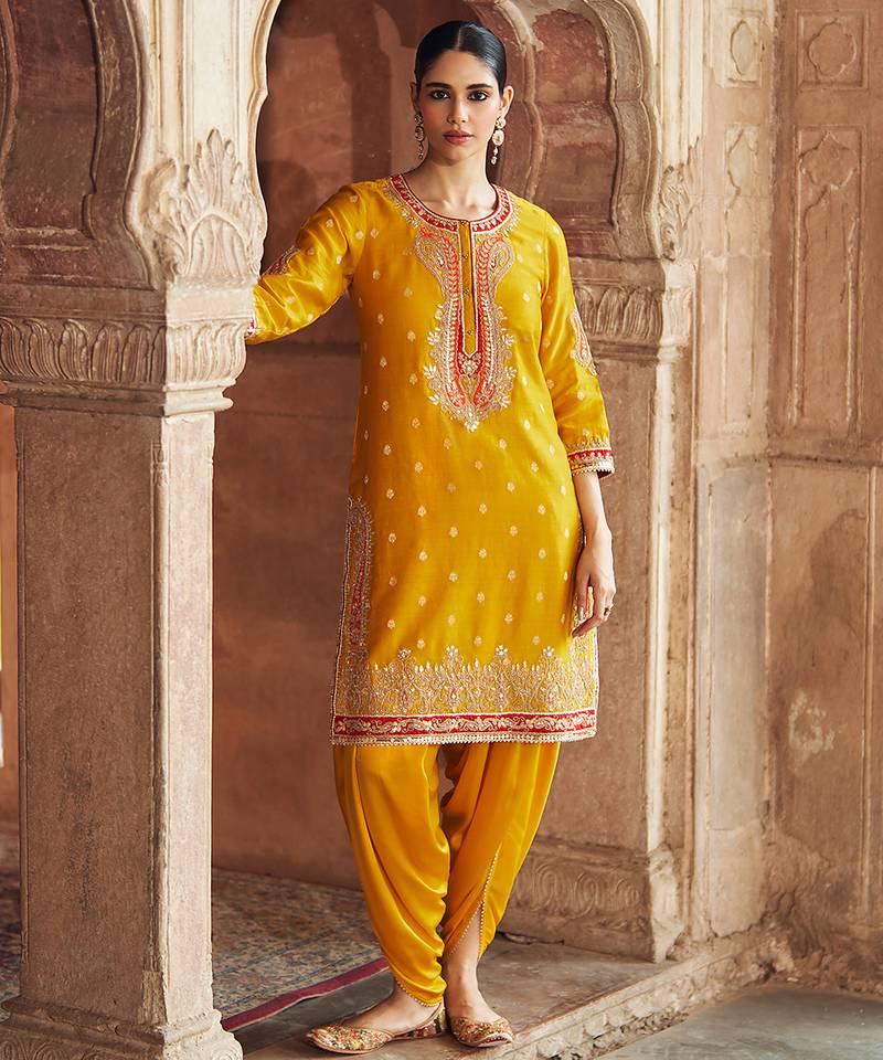 Mustard embroidered chanderi silk kurta set