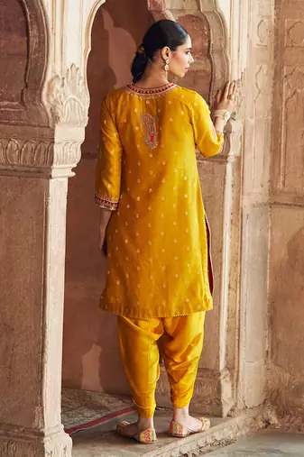 Mustard embroidered chanderi silk kurta set