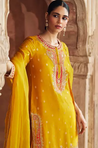 Mustard embroidered chanderi silk kurta set With Dupatta