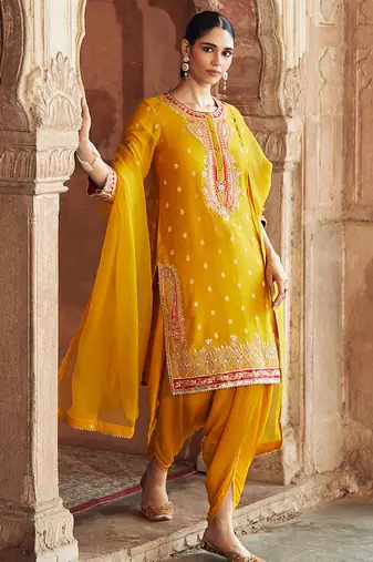 Mustard embroidered chanderi silk kurta set With Dupatta