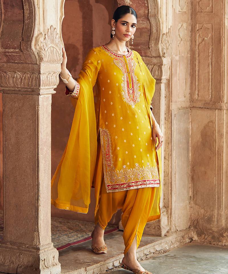 Mustard embroidered chanderi silk kurta set With Dupatta