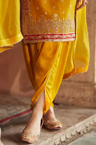 Mustard embroidered chanderi silk kurta set With Dupatta