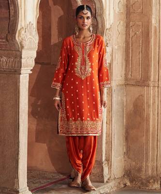 Orange embroidered chanderi silk kurta set 1