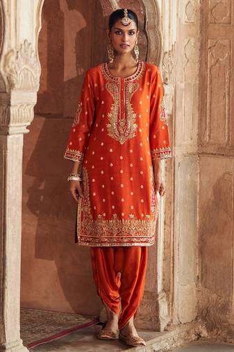 Orange embroidered chanderi silk kurta set