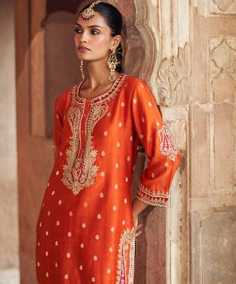 Orange embroidered chanderi silk kurta set 2