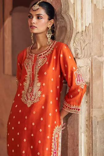 Orange embroidered chanderi silk kurta set