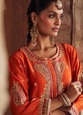 Orange embroidered chanderi silk kurta set 3