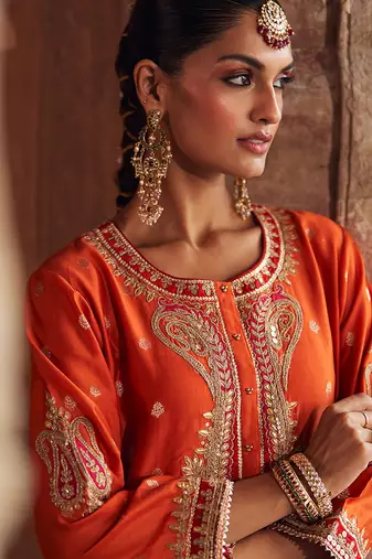 Orange embroidered chanderi silk kurta set