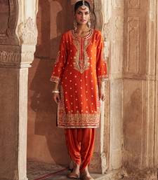 Orange embroidered chanderi silk kurta set With Dupatta