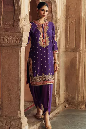 Purple embroidered chanderi silk kurta set With Dupatta
