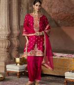 Hot pink embroidered chanderi silk kurta set