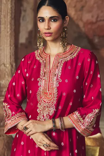 Hot pink embroidered chanderi silk kurta set