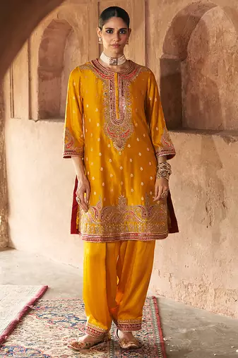 Mustard embroidered chanderi silk kurta set