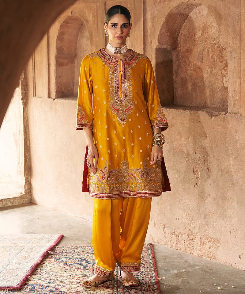 Mustard embroidered chanderi silk kurta set