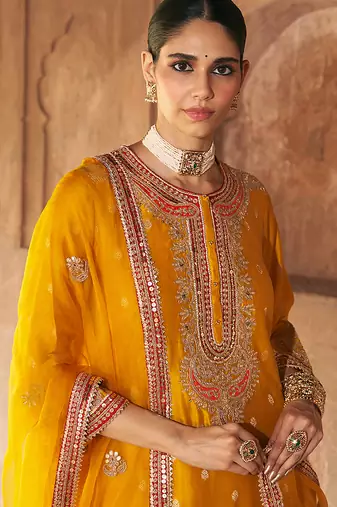 Mustard embroidered chanderi silk kurta set