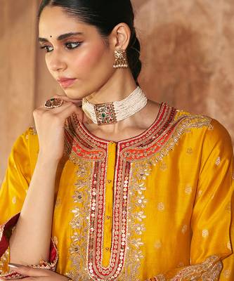 Mustard embroidered chanderi silk kurta set 3