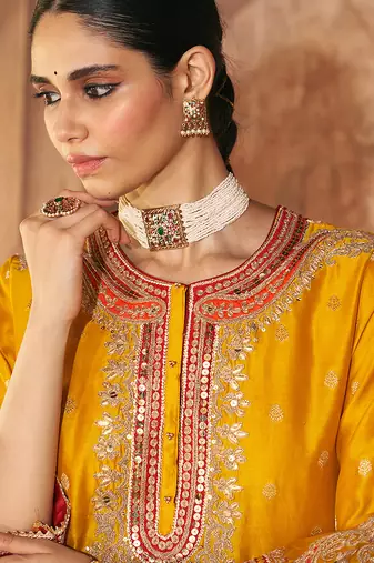 Mustard embroidered chanderi silk kurta set