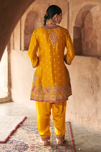 Mustard embroidered chanderi silk kurta set